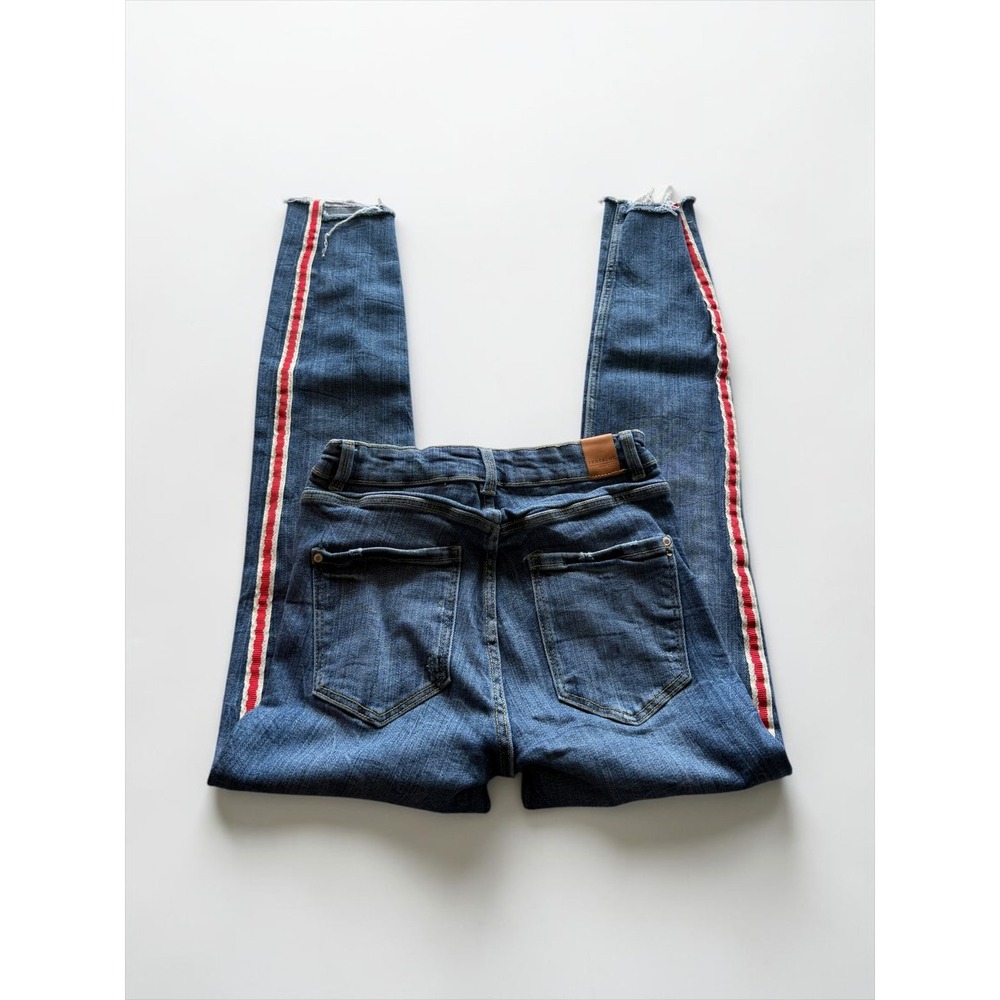 Zara Skinny Jeans‎ Medium Wash Red White Side Stripe Raw Hem Distressed Size 6